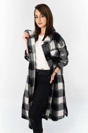 KOSZULOWY DAMSKI PŁASZCZ W KRATĘ BIAŁO-CZARNY (624ART)