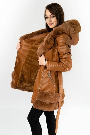 DŁUŻSZA RAMONESKA Z FUTRZANYM KAPTUREM BRĄZOWA (0583)