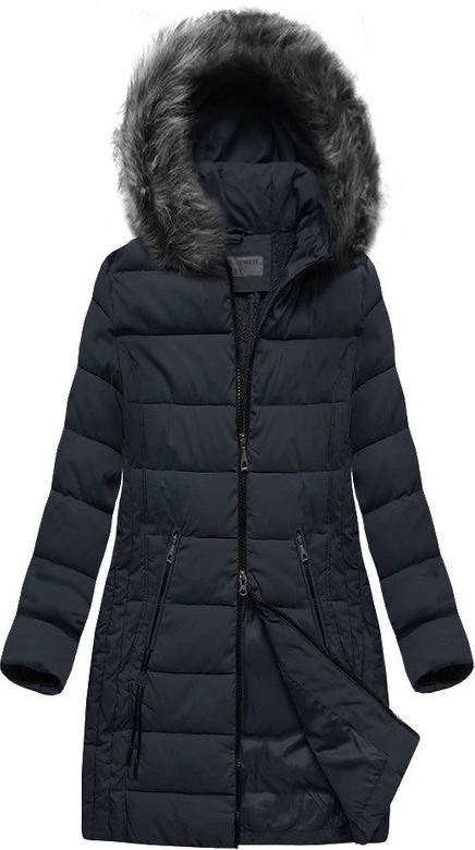 DŁUŻSZA PIKOWANA DAMSKA KURTKA ZIMOWA Z KAPTUREM GRANATOWA (B9502)