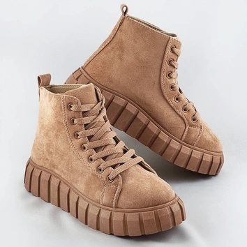 SZNUROWANE TRZEWIKI Z IMITACJI ZAMSZU CIEMNY BEŻ (XA057)