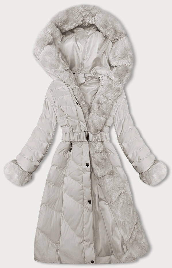 Zimowa kurtka damska z paskiem ecru (5M3156-254)