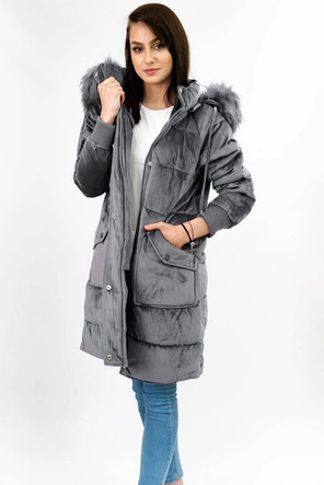 Sztruksowa zimowa kurtka damska z kapturem szara (7764)