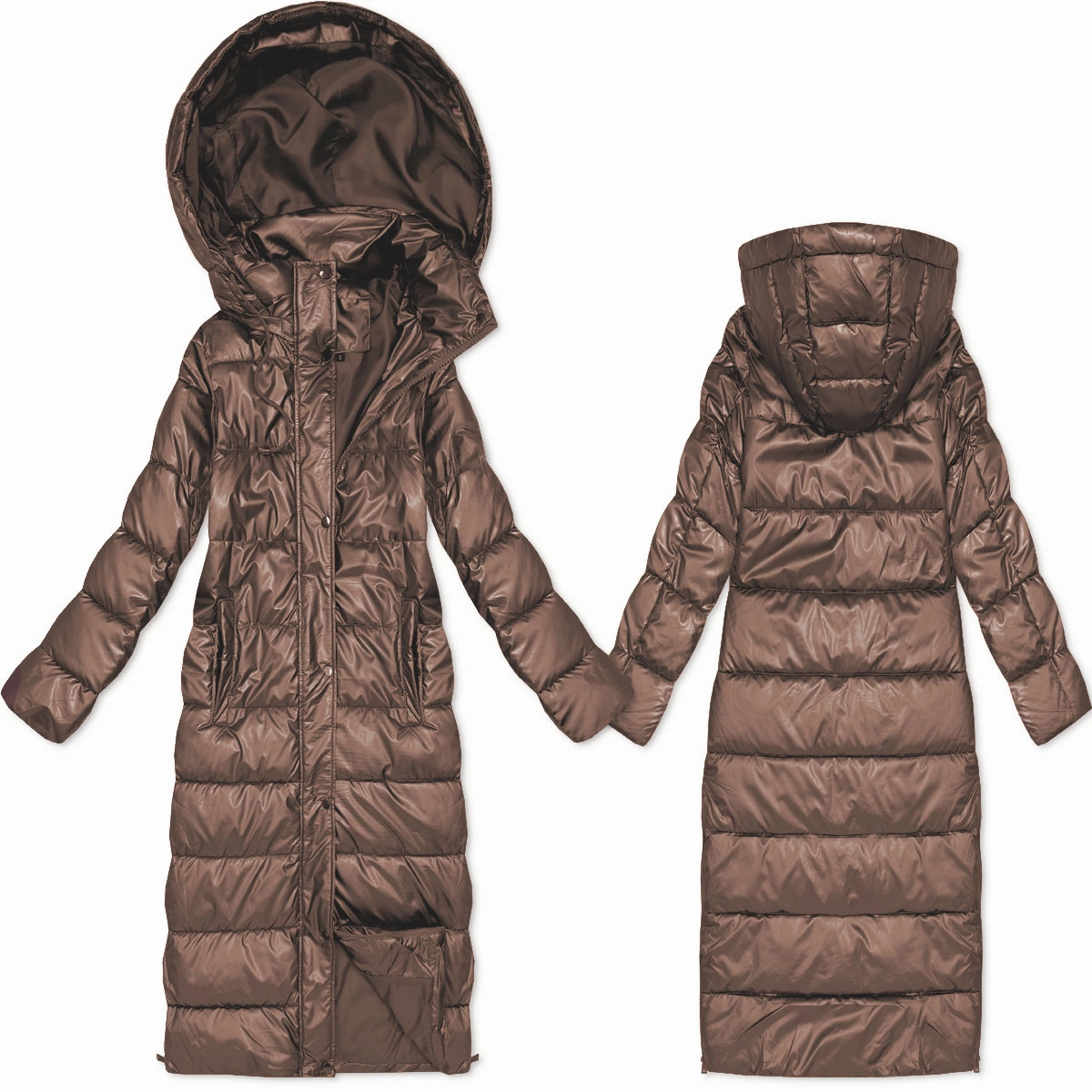 Długa pikowana kurtka przejściowa z kapturem karmelowa (T3-2629#-305)