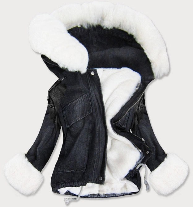 DAMSKA KURTKA JEANSOWA Z FUTRZANĄ PODPINKĄ CZARNO - BIAŁA (9023#)