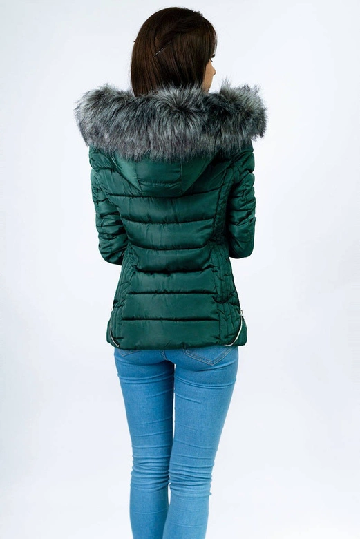 PIKOWANA ZIMOWA KURTKA DAMSKA Z KAPTUREM BUTELKOWA ZIELEŃ (B2631)