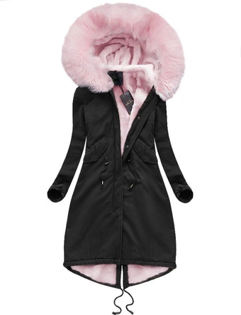 BAWEŁNIANA DŁUGA PARKA CZARNO-RÓŻOWA (7610)