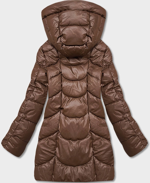 Luźna kurtka zimowa damska ze skóry ekologicznej brązowa (AG2-J90)