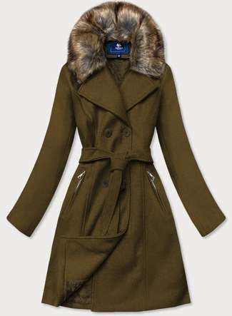 Damski płaszcz z futerkiem khaki (jc241)