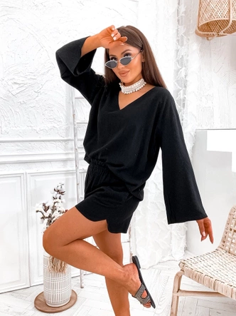 Lniany komplet bluzka oversize i szorty czarny (752)