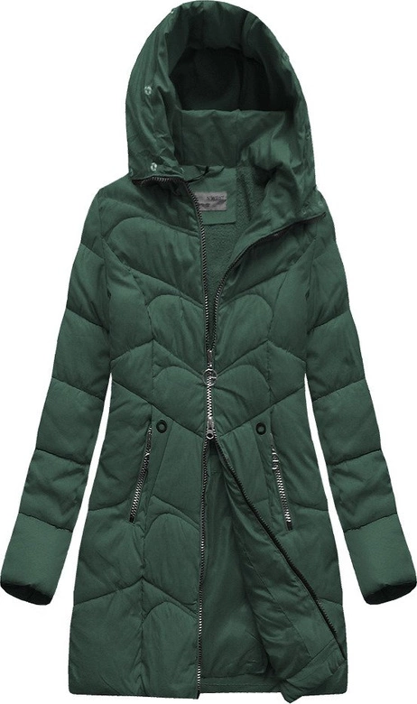 DŁUŻSZA PIKOWANA DAMSKA KURTKA ZIMOWA Z KAPTUREM CIEMNOZIELONA (B2643)