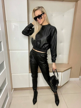 ELEGANCKI KOMPLET DAMSKI BLUZKA + SPODNIE EKOSKÓRA CZARNY (666ART)