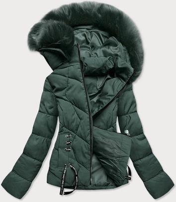DAMSKA KRÓTKA KURTKA ZIMOWA Z KAPTUREM BUTELKOWA ZIELEŃ (H1021-26)
