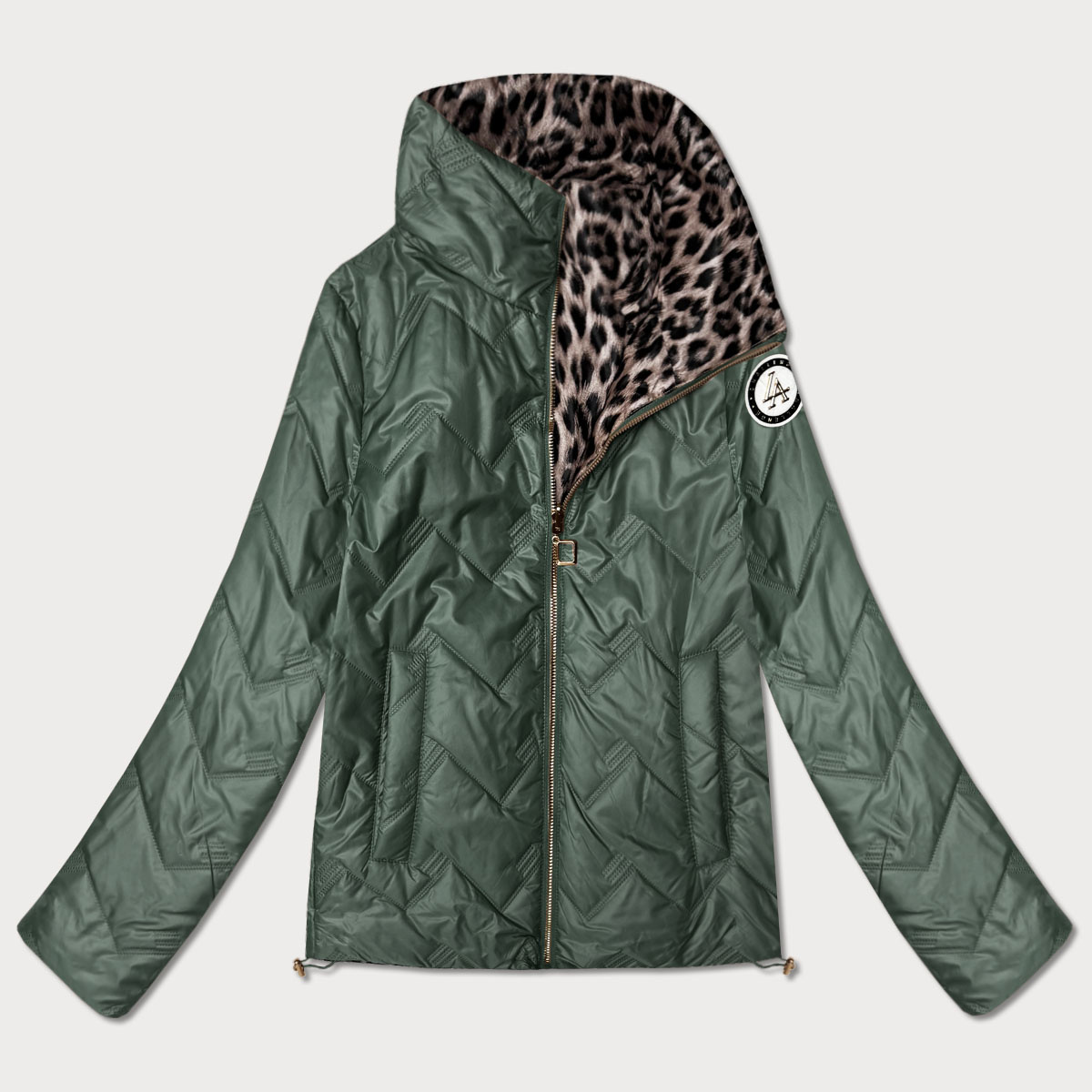 Dwustronna pikowana kurtka ze stójką Goodlookin khaki-panterka (B8579-11)