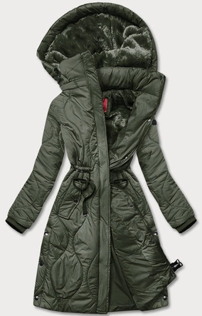 Zimowa kurtka damska do kolan oliwkowa (m-21601)
