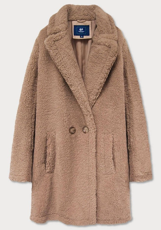 PLUSZOWY DAMSKI PŁASZCZ Z KIESZENIAMI BEŻOWY (9343)