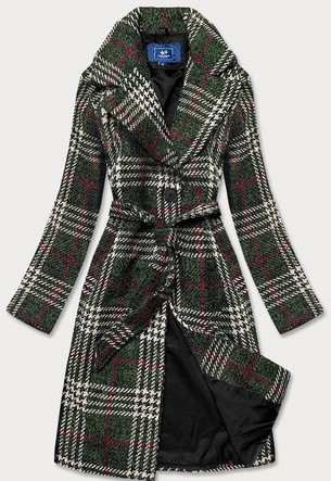 PŁASZCZ DAMSKI W KRATĘ ZIELONY-BEŻ (OMDL-011)