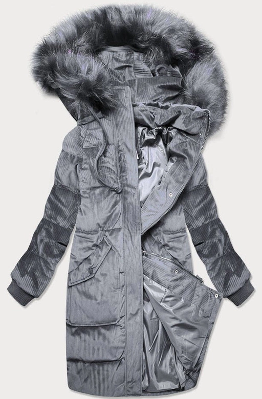 Sztruksowa zimowa kurtka damska z kapturem szara (7764)