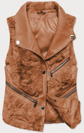 KRÓTKA FUTRZANA KAMIZELKA Z EKOSKÓRĄ KARMELOWA (BR9595-22)