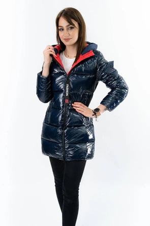 BŁYSZCZĄCA ZIMOWA KURTKA DAMSKA GRANATOWO-CZERWONA (R9545)