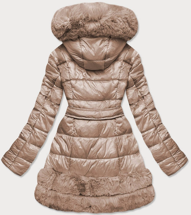 PIKOWANA KURTKA ZIMOWA DAMSKA OBSZYTA FUTREM BEŻOWA (FM16-3)