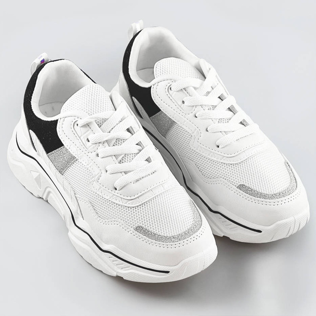 Sneakersy damskie z brokatowymi wstawkami biało-czarne (lu-2)