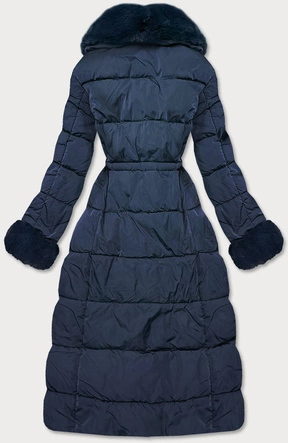 Długa kurtka zimowa z futrzanym kołnierzem granatowa (j9-071)
