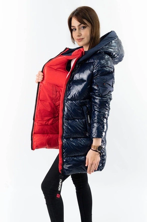BŁYSZCZĄCA ZIMOWA KURTKA DAMSKA GRANATOWO-CZERWONA (B9545-304)