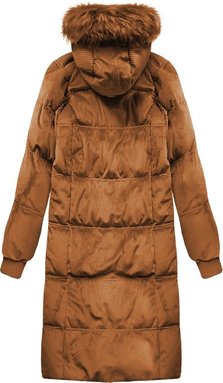 Zimowa sztruksowa kurtka damska z kapturem karmelowa (7763)