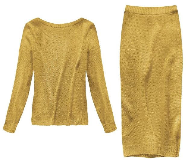 KOMPLET A'LA WEŁNIANY SWETER+SPÓDNICA MUSZTARDOWY (159ART)