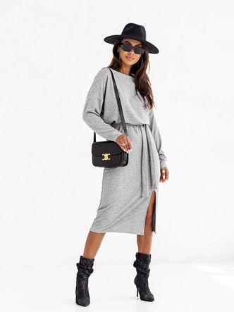 Elegancka sukienka midi z paskiem szara (82137)