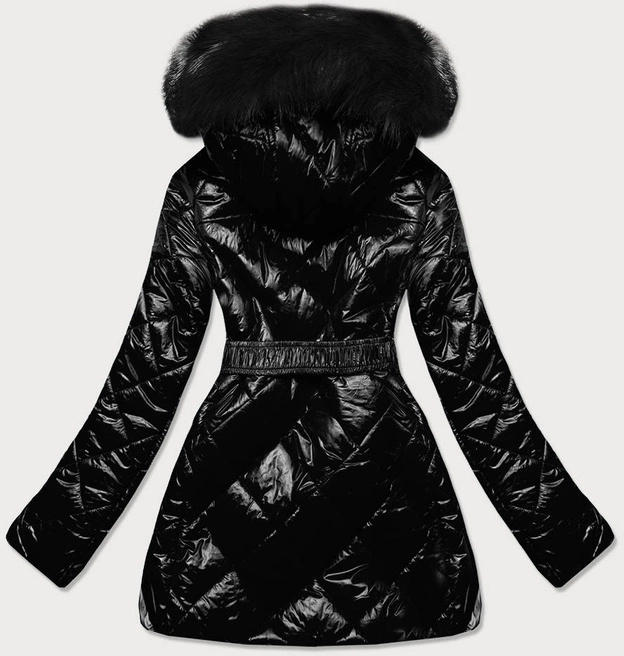 Błyszcząca kurtka zimowa na misiu czarna z czarnym futrem (w756)