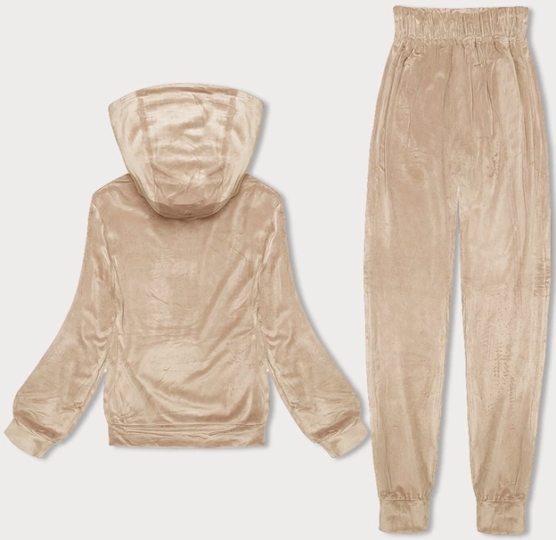 Welurowy dres damski z kapturem jasny beż (8C1175-159)