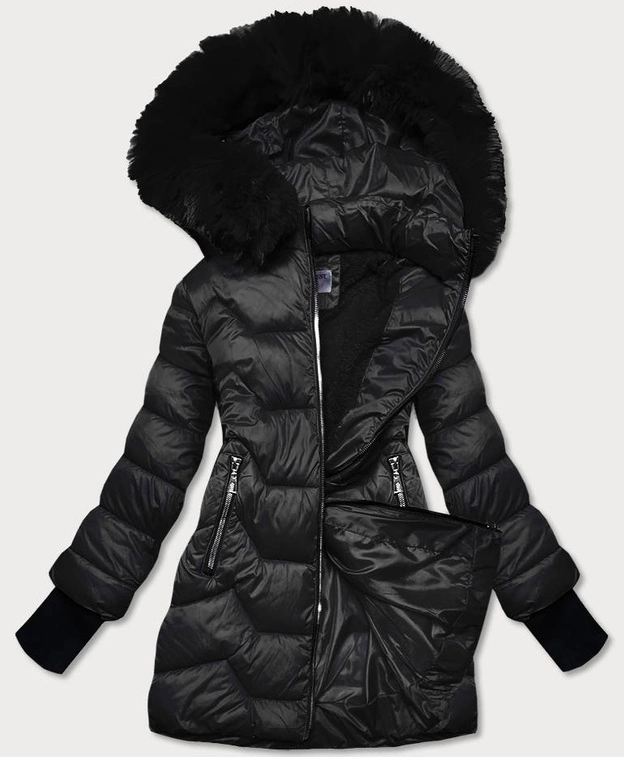 PIKOWANA KURTKA ZIMOWA Z KAPTUREM CZARNA (B2719-1)