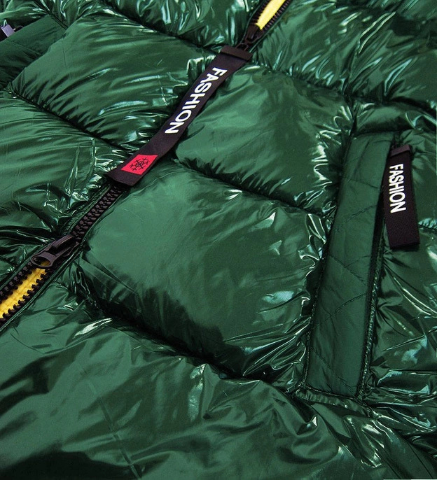 BŁYSZCZĄCA ZIMOWA KURTKA DAMSKA ZIELONO-ŻÓŁTA (R9545)