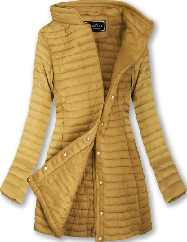 DŁUŻSZA PIKOWANA KURTKA Z KAPTUREM MUSZTARDOWA (7222BIG)