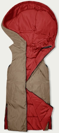 Długa kamizelka damska dwustronna czerwony-beż (B8248-4)