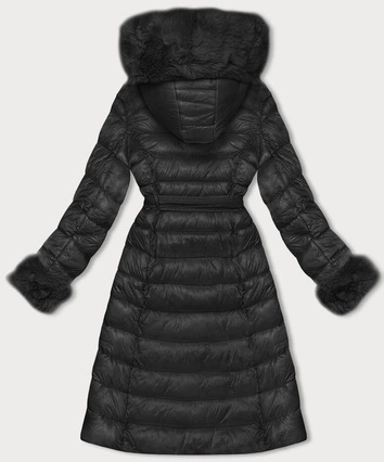 Puchowy płaszcz damski na guziki czarny (5M3160-392)