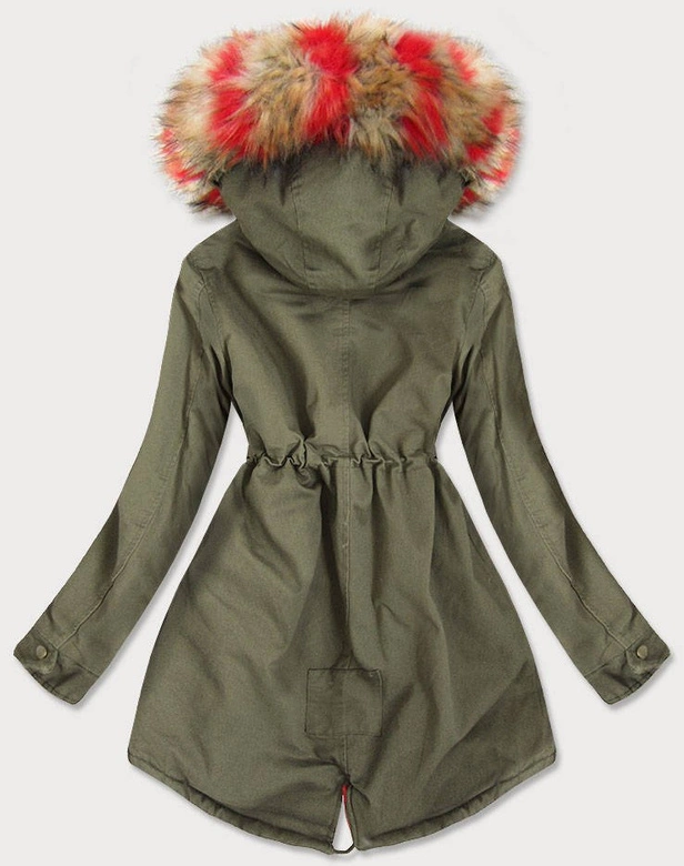 Kurtka parka damska zimowa khaki-czerwona (x619x)