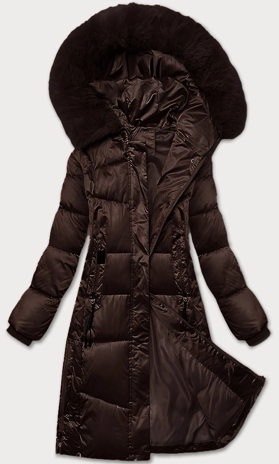 Zimowa pikowana kurtka plus size z kapturem S'west czekoladowa (B8267-14)