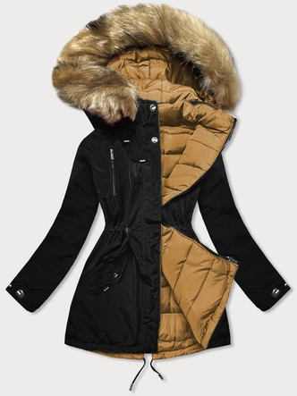 Dwustronna damska kurtka zimowa czarno-karmelowa (w557-1big)