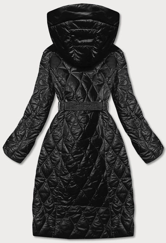 Długa pikowana kurtka z paskiem czarna (7257)