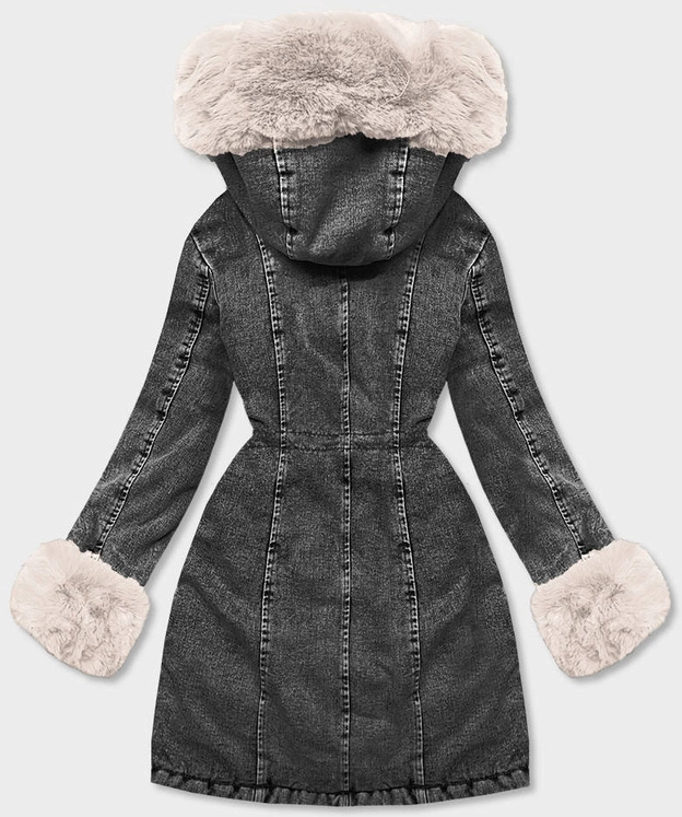 Damska kurtka jeansowa na futrzanej podszewce czarna-ecru (B8068-1046)