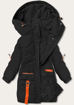 Puchowa kurtka damska z ozdobnymi taśmami czarna (AG2-J85)