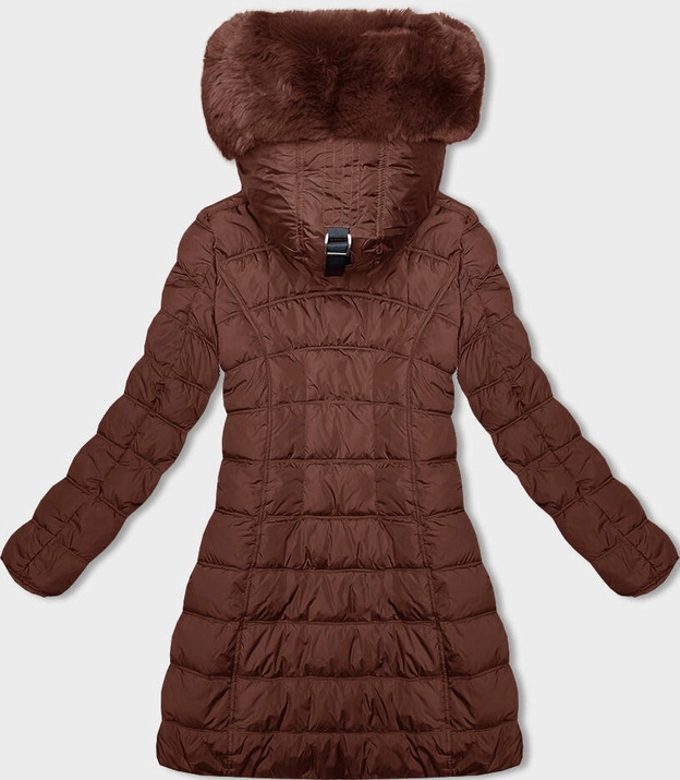 Zimowa kurtka damska z kapturem cegła (2M-21013)