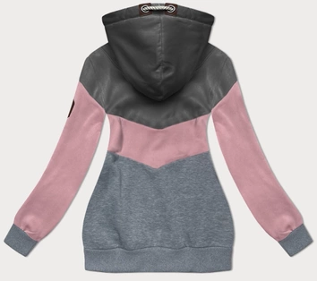 Trójkolorowa gruba bluza damska grafit-róż-szary (2303)