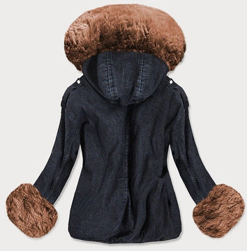 DAMSKA  KURTKA JEANSOWA Z FUTRZANĄ PODPINKĄ CZARNO - BRĄZOWA (9023#)