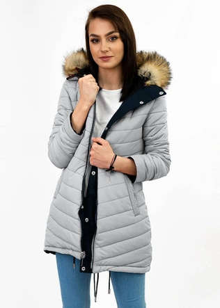 DWUSTRONNA DAMSKA KURTKA ZIMOWA Z KAPTUREM GRANATOWO-SZARA (W211)