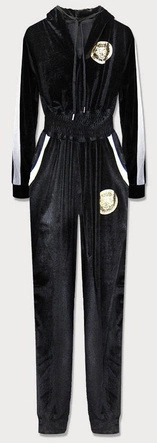 DŁUGI KOMBINEZON WELUROWY Z KAPTUREM CZARNY (629ART)