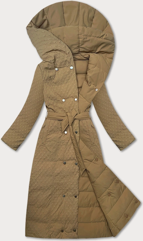 Dwustronny płaszcz damski z paskiem camel (WD202307)