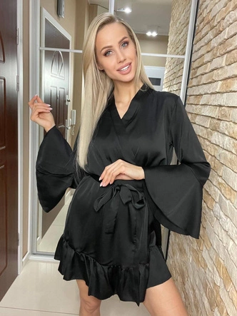 SATYNOWY SZLAFROK DAMSKI CZARNY (660ART)